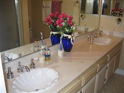 Secondary bathroom with two designer sinks