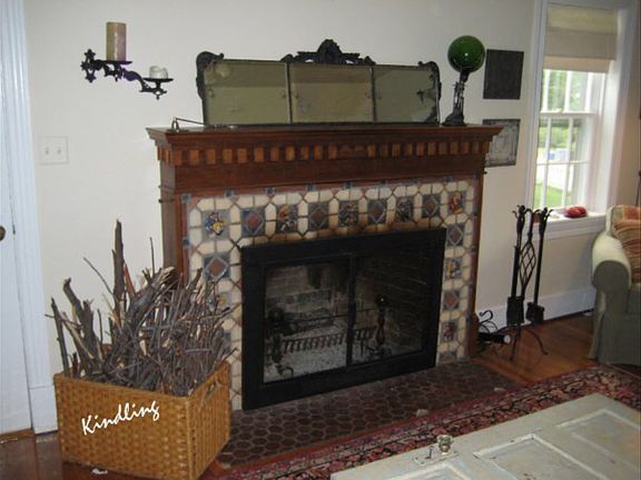 Hand-made tile on fireplace 