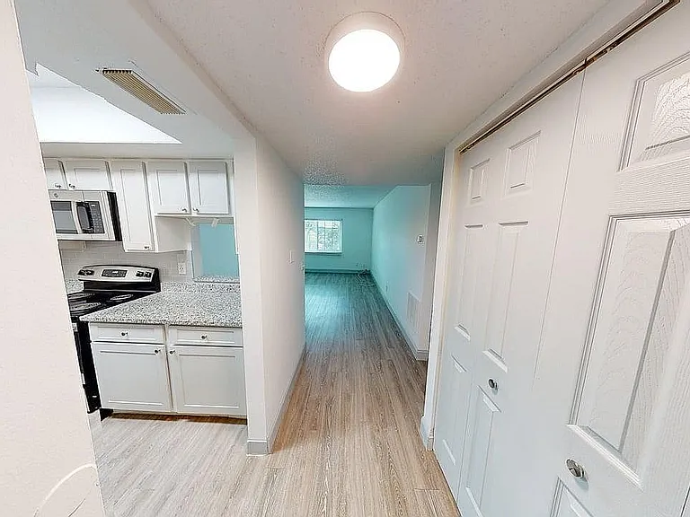Inviting apartment entryway showcasing a sleek kitchen with granite countertops and an open pathway to a bright living area.