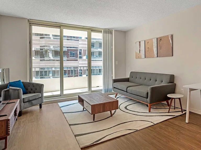 Furnished+ apartment homes come outfitted with a sofa, side chair, side table, coffee table, TV stand and 50" Television (Representative Image exact items and style of furnishings may vary)