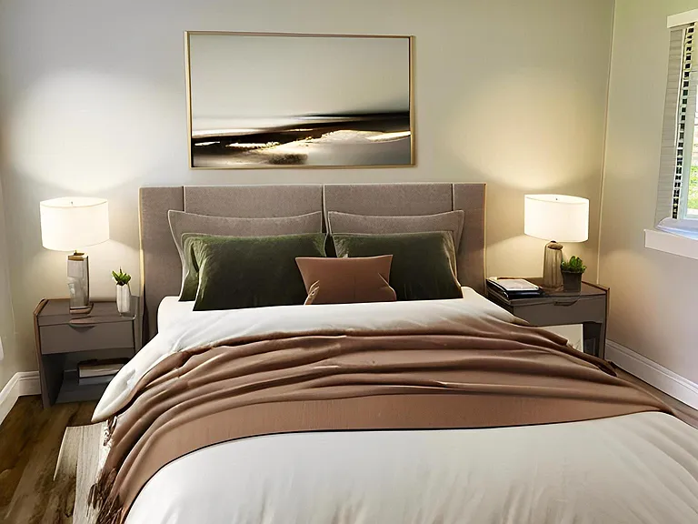 Large bedroom with double doors open to living space.