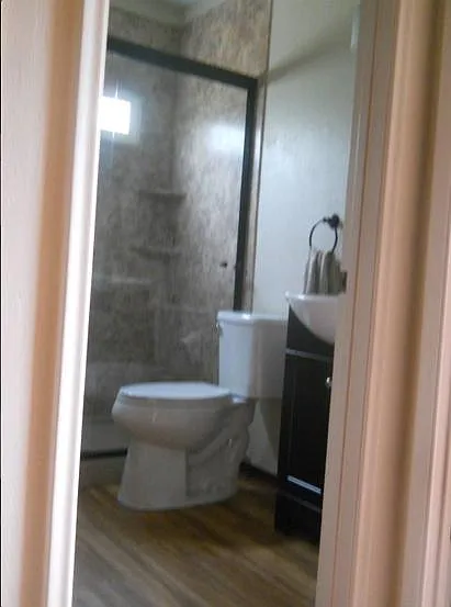 Secondnbathroom with luxurious shower and European style vanity.