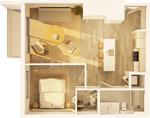Floor plan West 1 BR Balcony Sunset A