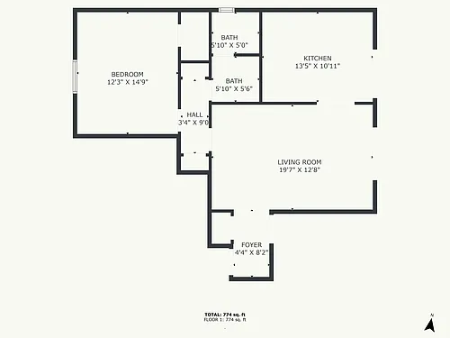 Floor plan 1 Bed, 1 Bath-775