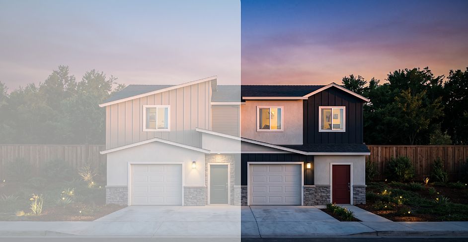 A single-family house with a garage is split down the middle, showing day on the left and evening on