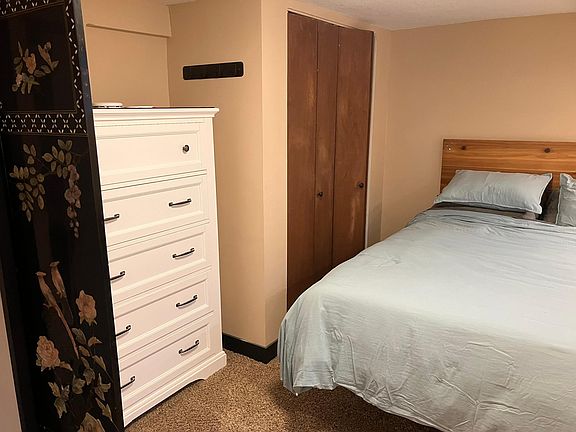 Big bureau and closet with organizer for hanging clothes and shelves for sweaters etc. Shoe rack as well.