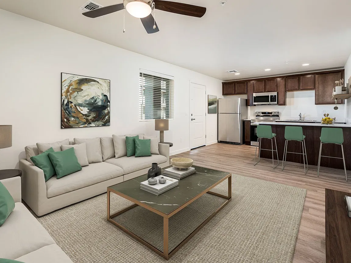 Furnished apartment living area shown — representative home at Deer Valley 24.