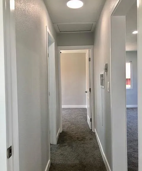 Newly painted hallway with new carpet and light fixtures