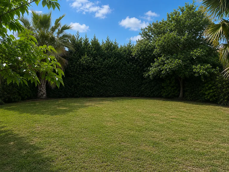 enclosed backyard, privacy, oleanders, fully fenced yard, and green grass that is irrigated, palm trees.
