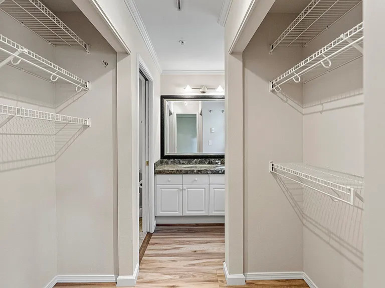 Generous pass-through closets between primary bedroom and bath suite