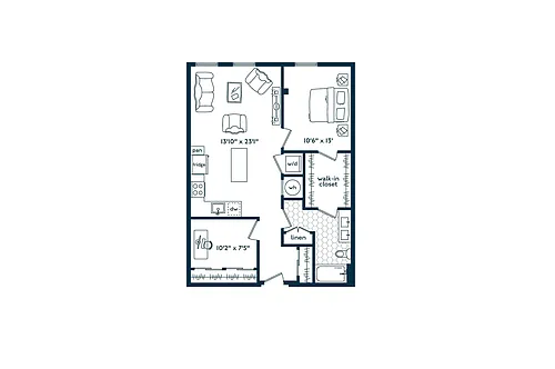 Floor plan One Bedroom One Bath Den (880 SF)