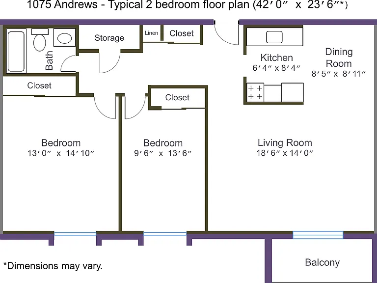 Typical 2 bedroom floor plan for 1075 Andrews, dimensions may vary.