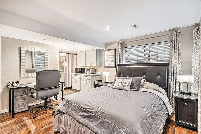 Large guest suite in basement with desk and mini kitchen andbath with 3/4 shower