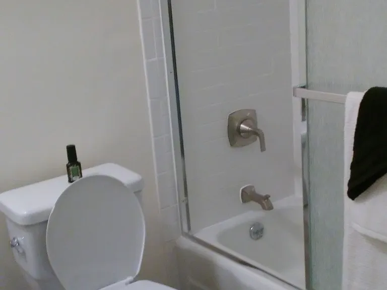 Guest bathroom with bath tub and shower.
