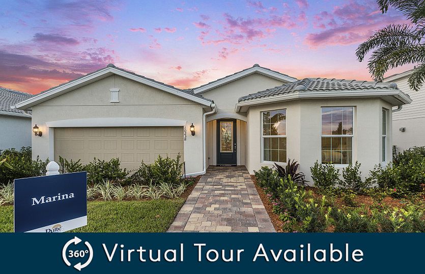 The Marina, a single-story home with a 2 car garage, shown as Home Exterior FM2B
