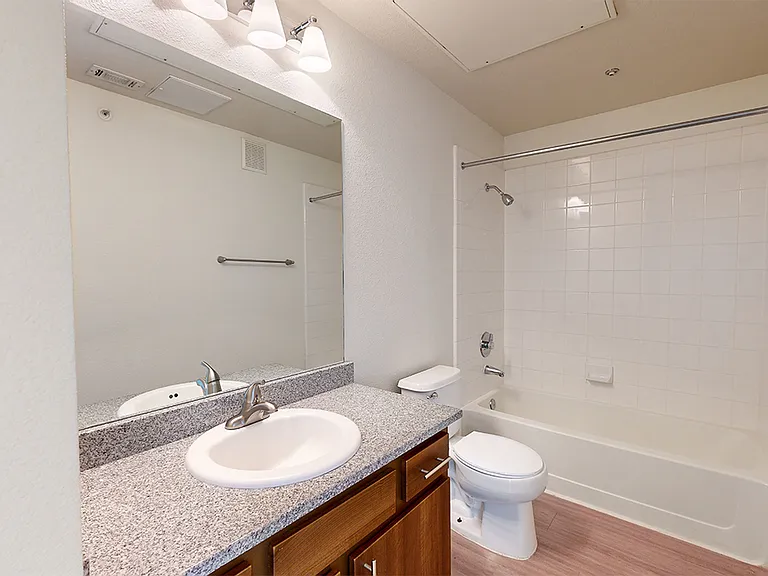 Apartment bathroom with wood-style flooring.