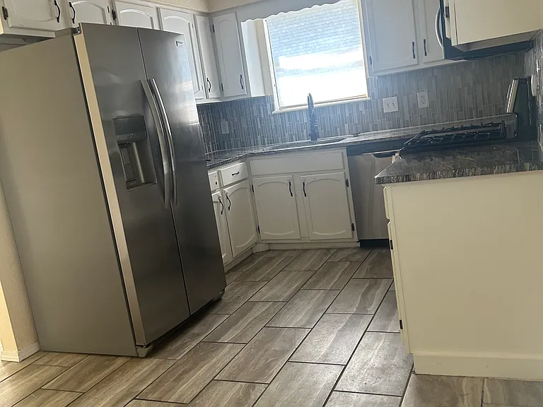 Kitchen appliances: side by side refrigerator, stove, dishwasher, microwave