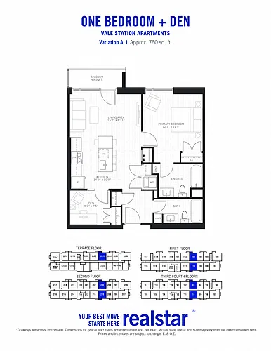 Floor plan 1 Bed Den 2 Bath A