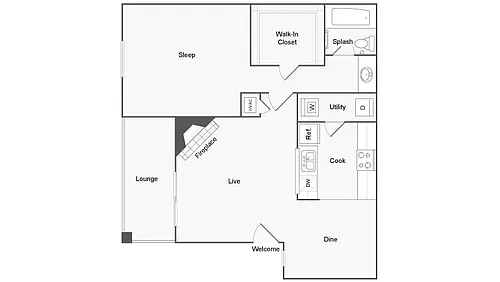 Floor plan 1 BR x 1 BA - D - Income-Restricted (50)