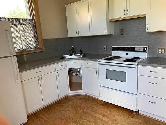 Kitchen: custom cabinetry, cork floors, window coverings, excellent lighting, new appliances.