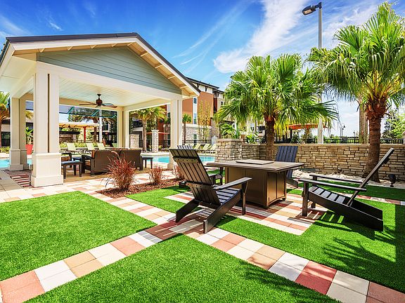 Outdoor fireplace with seating