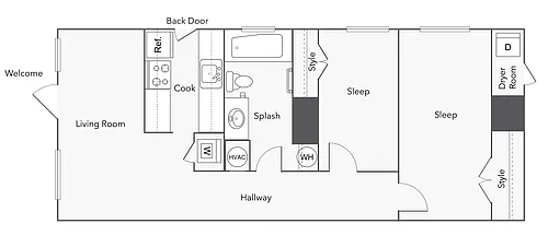Floor plan 2 BR x 1 BA Duplex with Washer/Dryer - B