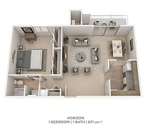 Floor plan One Bedroom - Towers - 671 sqft