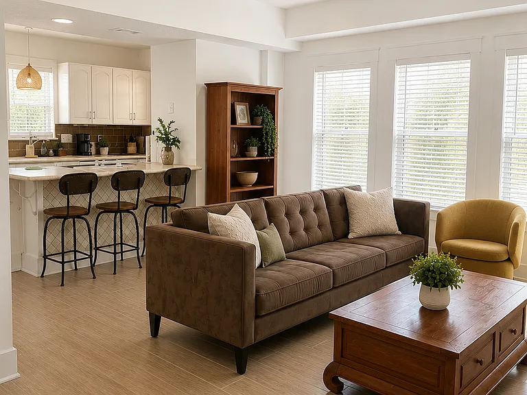 Gentle light from the east-facing windows gives the living room an uplifting energy. Tile floor is easy to clean and doesn't hold dust / alergens.