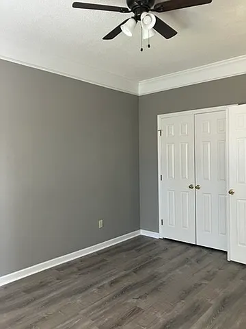 Master bedroom with vinyl flooring and large closet