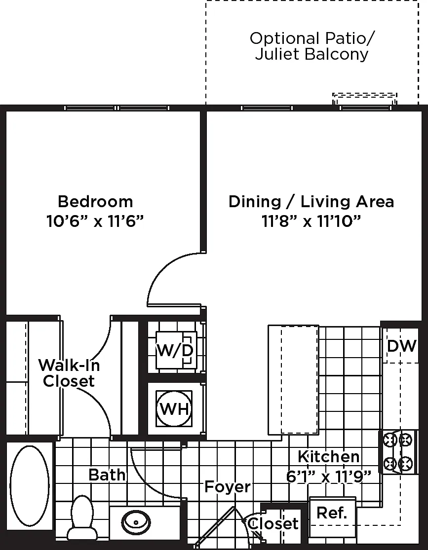 Floor plan 1 Bedroom 1 Bath - A1 Affordable 80%