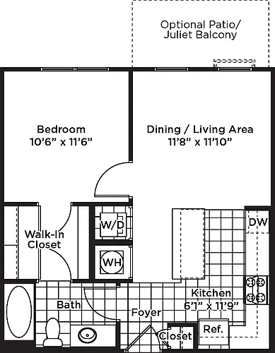 Floor plan 1 Bedroom 1 Bath - A1 Affordable 80%