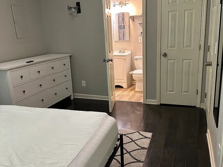 There are 2 closets and the door to the 3 piece bathroom.