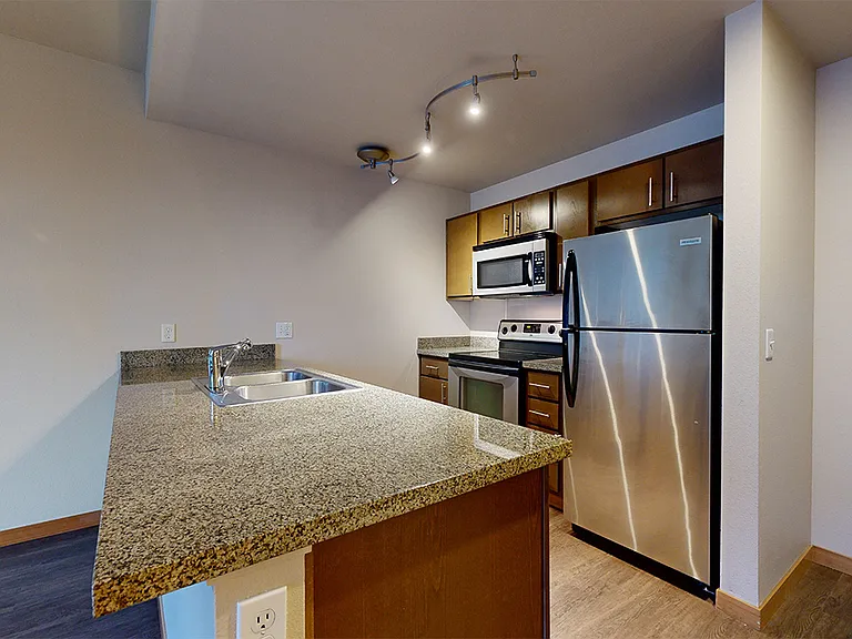 Apartment kitchen with stainless steel appliances, granite countertops and wood-style flooring.