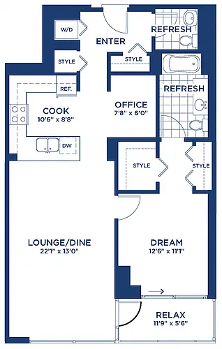 Floor plan Residence 6 & 7 (1BR+Den/1.5BA)