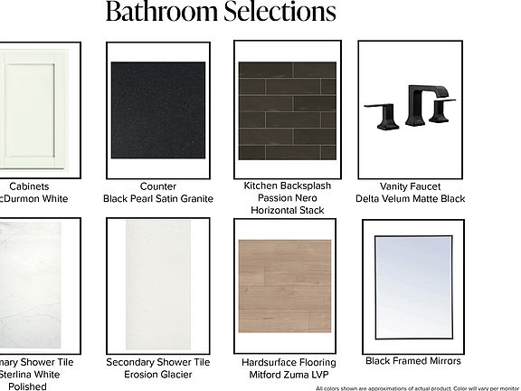 Bathroom Selections display board showing eight material samples white cabinets, black granite, dar