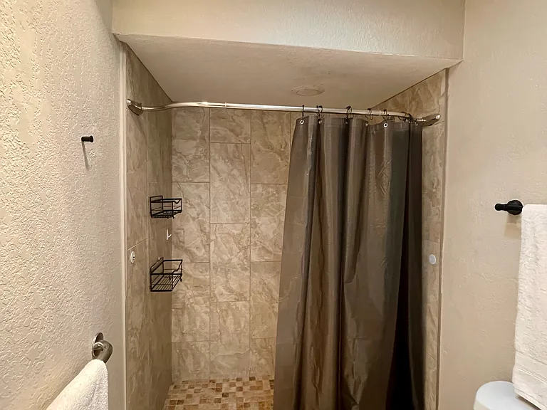 Primary bathroom with walk in shower & toilet area