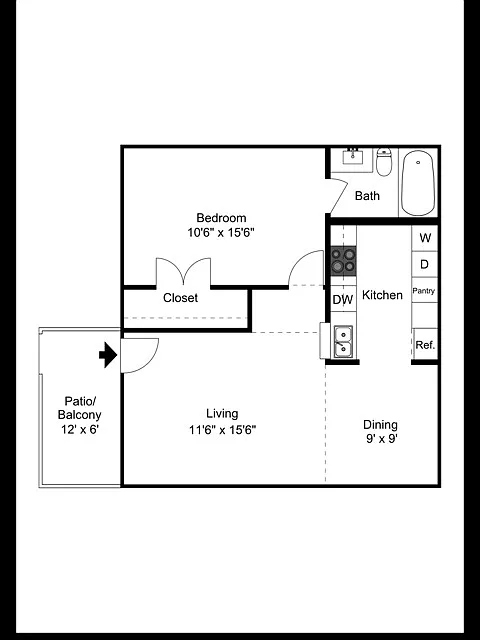 Floor plan 1br 1ba 650-653Sq.Ft.