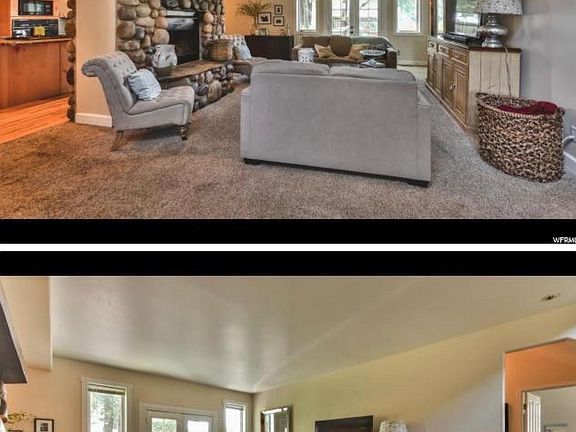 Light filled formal living room with clear story entrace