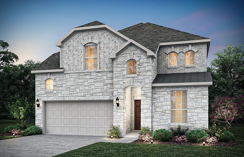 The Riverdale, a two-story home with 2-car garage, shown as Home Exterior I Model representation