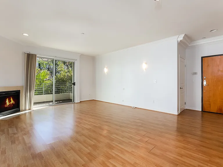 Living room with balcony, fireplace, entry door