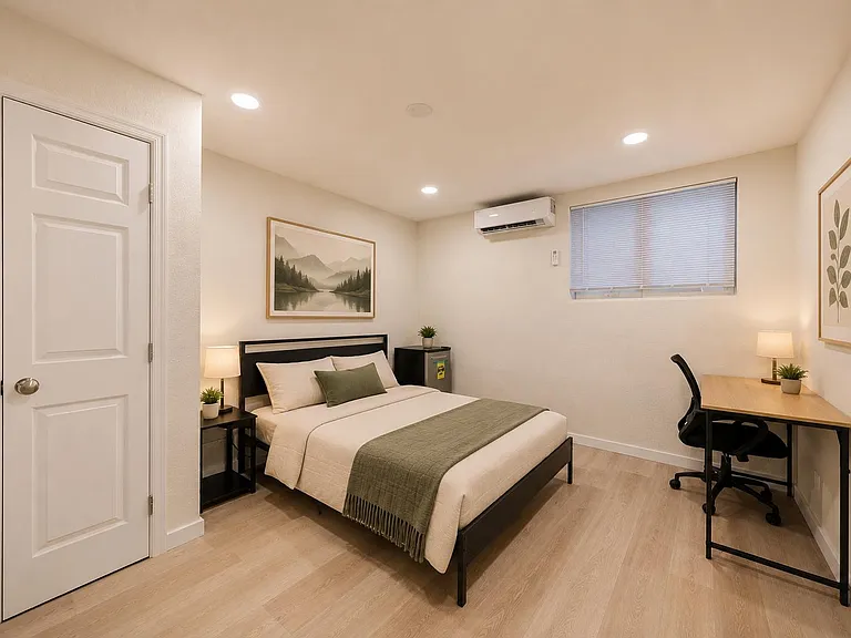 Private bedroom with a full bed, nightstand lighting, and a dedicated desk workspace, plus a window and wall A/C unit.