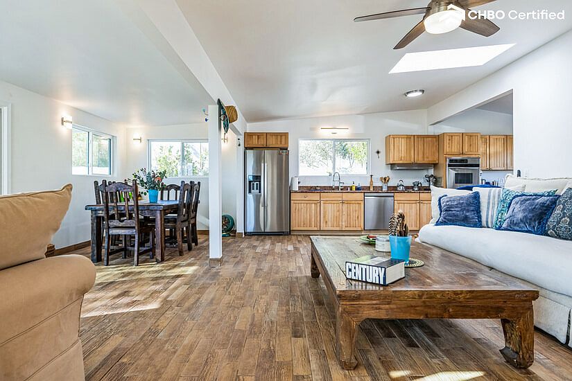 Large Open Kitchen, Dining, Living opens to the BBQ area