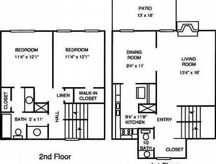 2 Bed 1.5 Bath Townhome Floor Plan