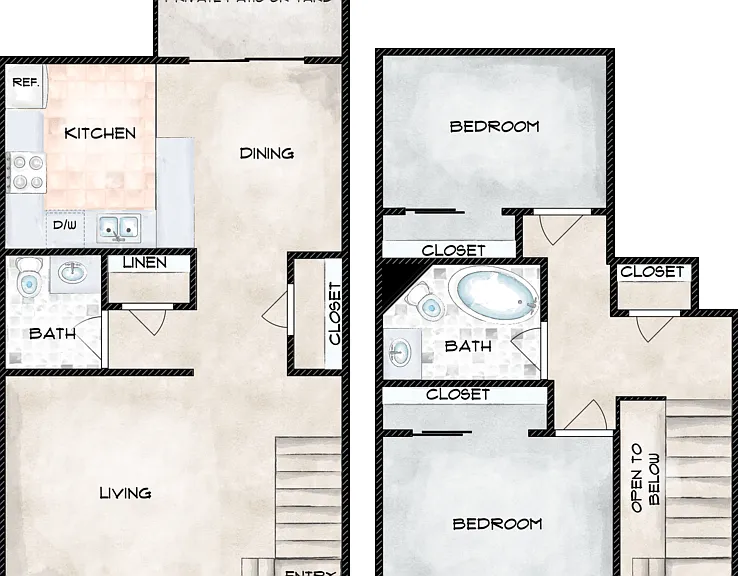 2 Bed 1.5 Bath Townhome Floorplan Diagram