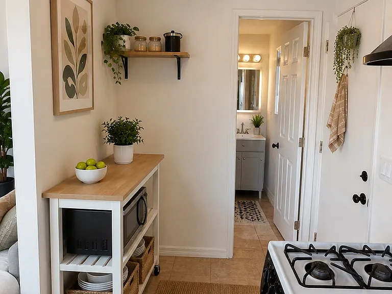 THIS IS A VIRTUAL STAGING PHOTO CREATED WITH AI of the back hall area, leads to bathroom and outback.