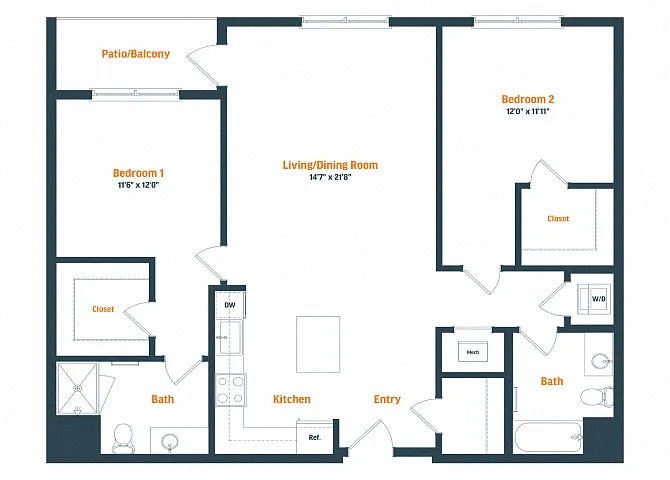 Floor plan B6 | 2 Bed | 2 Bath