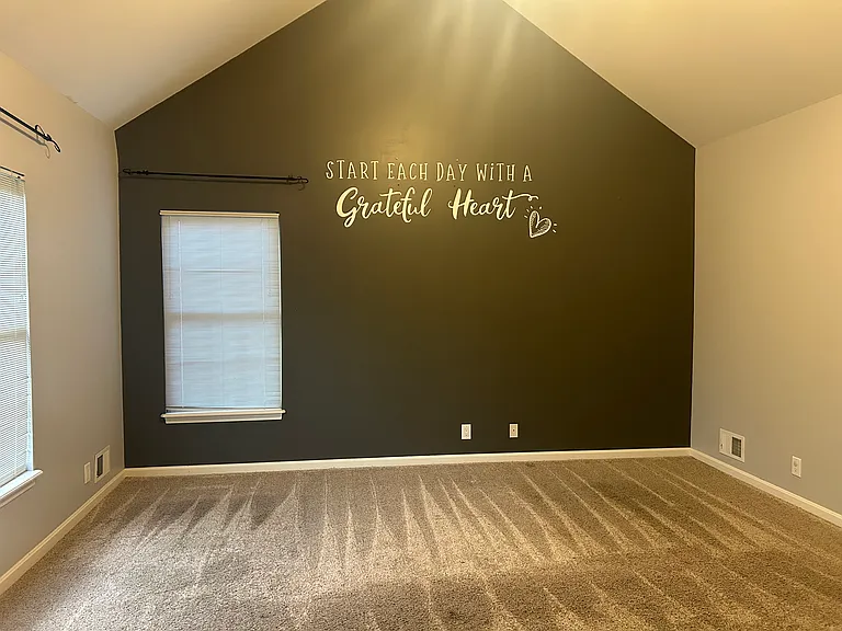 Main bedroom with high pitched ceiling