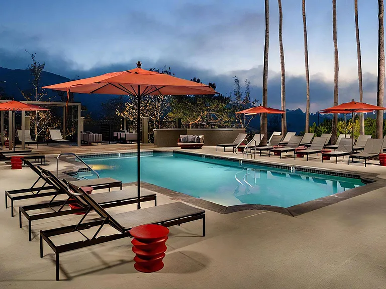 Resort Style Pool Chaise Lounges Sundeck and Cabana