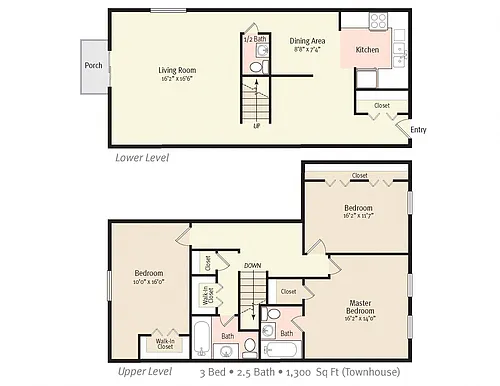 Floor plan Three Bedroom 2.5 Bath Townhome