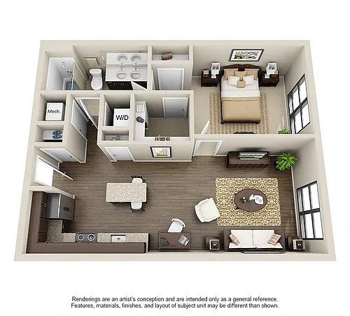 Floor plan 1 Bed 1Bath-Nottoway